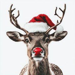 Canvas Print - A reindeer wearing a Santa hat and a red nose, embodying a festive Christmas spirit.