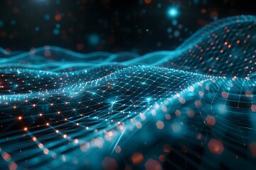 Poster - Abstract Digital Landscape with Glowing Waves and Particles