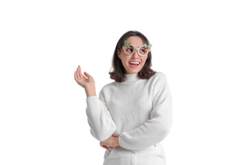 Poster - Young woman in decorative eyeglasses on white background