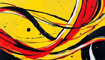 Fiery abstract pop art composition with dynamic red and black lines on vibrant yellow canvas, enhanced by bold black dots and crisp white stripes