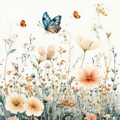 Sticker - A serene floral scene featuring colorful flowers and butterflies in a soft, natural setting.