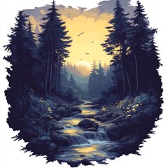 Sticker - A serene forest landscape at sunset with a flowing stream and tall trees.