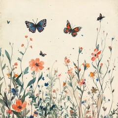 Canvas Print - A serene illustration of flowers and butterflies in a natural setting.