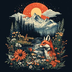 Canvas Print - A serene landscape featuring a fox among vibrant flowers and mountains under a sunset.