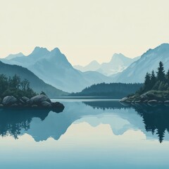 Sticker - A serene landscape featuring mountains, a calm lake, and lush greenery reflecting on the water.