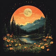 Sticker - A serene landscape featuring mountains, a river, and vibrant flowers under a full moon.