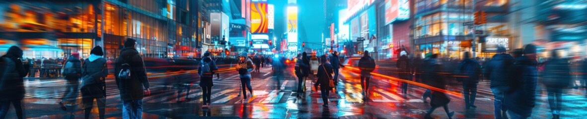 Wall Mural - A busy urban scene with anonymous people walking on a rainy street, blurred city lights creating a vibrant night atmosphere. Free copy space for banner.