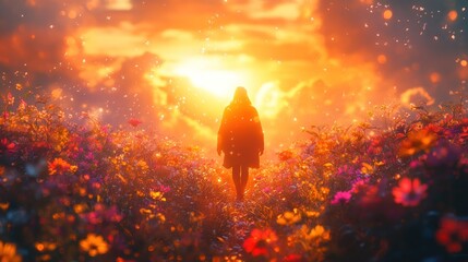 Sticker - A figure walks through a vibrant flower field at sunset.