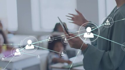 Poster - animation of network of connections with people icons over diverse schoolchildren and female teacher