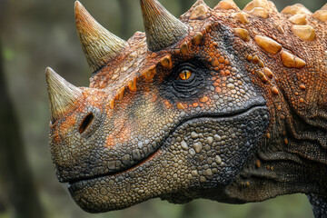 A close up of Carnotaurus showcasing unique horns and bumpy skin, exuding fierce presence