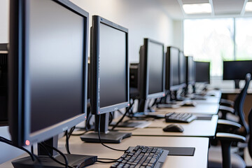 Poster - A close up of government offices computer setup showcasing multiple monitors