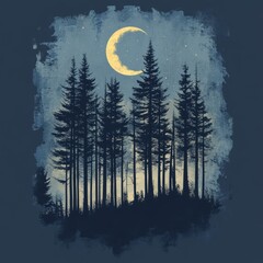 Wall Mural - A serene night scene featuring tall trees silhouetted against a moonlit sky.