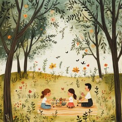 Wall Mural - A serene picnic scene with children enjoying food in a lush, floral setting.