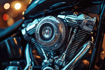 A close up of motorcycle engine showcasing chrome and black details, exuding power and elegance