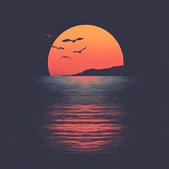 Poster - A serene sunset over the ocean with birds flying, creating a tranquil atmosphere.