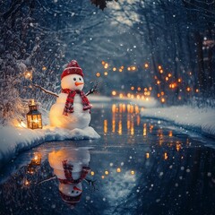 Sticker - A serene winter scene featuring a snowman by a frozen pond, illuminated by soft lights.