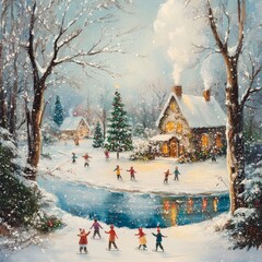 Sticker - A serene winter scene with children skating and a cozy cabin amidst snow and trees.