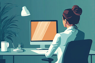 Poster - A woman working at desk, focused on her computer screen in modern office