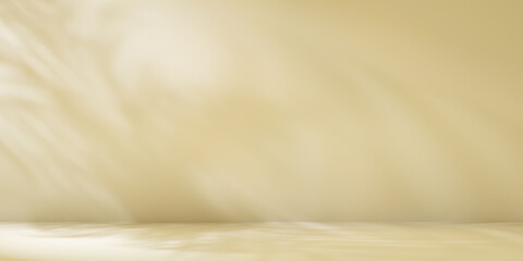 Poster - Beige minimalist studio for product presentation. Empty room with shadows of palm leaves. 3d room background with copy space. 3d render illustration