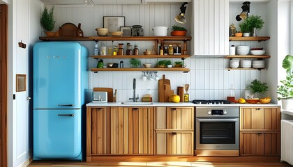 Vibrant modern kitchen featuring blue refrigerator, wooden cabinets, and an array of appliances on white wooden wall shelves, combining style and functionality.