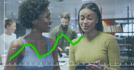 Poster - Animation of data processing and diagrams over diverse colleagues talking in office