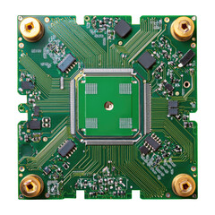 Poster - Green Circuit Board with Gold Components Isolated on Transparent Background
