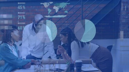 Poster - Animation of data processing and diagrams over diverse colleagues talking in office