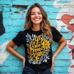 Wall Mural - A smiling woman poses in a floral graphic t-shirt against a colorful wall.