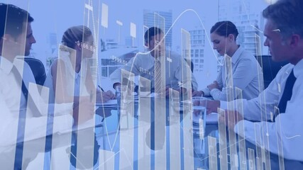 Poster - Animation of data processing and diagrams over diverse colleagues at meeting in office