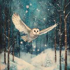 Sticker - A snowy forest scene featuring a flying owl amidst falling snowflakes.