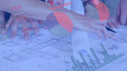 Poster - Animation of data processing and diagrams over diverse colleagues discussing project in office