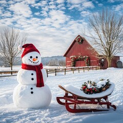 Wall Mural - A snowy landscape featuring a cheerful snowman and a sled decorated with flowers.