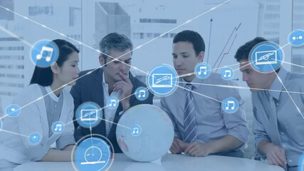Poster - Animation of network of connections with icons over diverse colleagues discussing work in office