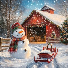 Poster - A snowy scene featuring a snowman, sled, barn, and decorated Christmas tree.