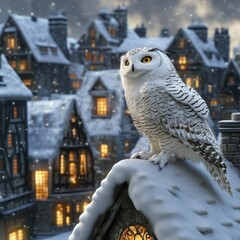 Sticker - A snowy scene featuring a white owl perched on a roof with a quaint village in the background.