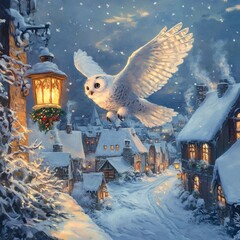 Wall Mural - A snowy village scene with a flying owl and cozy cottages illuminated by a lantern.