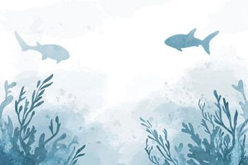 Wall Mural - Minimal underwater background with silhouettes of fish and seaweed