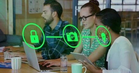 Poster - Animation of network of connections with icons over diverse colleagues working in office