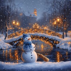 Poster - A snowy winter scene with a snowman by a bridge adorned with lights.