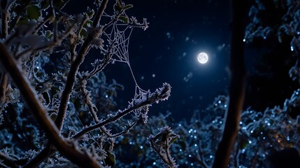 Spider Web with Dew, Snow and Ice, on Black Background, Abstract Image, Texture, Pattern Background, Wallpaper, Cover and Screen for Smartphone, PC, Laptop, 9:16 and 16:9 Format