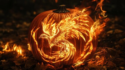 Flaming Phoenix Carved into a Pumpkin