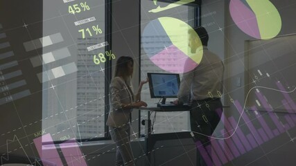 Poster - Animation of financial data processing over diverse colleagues discussing work in office