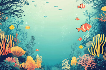 Wall Mural - Vibrant coral reef with colorful fish swimming around, creating lively underwater scene