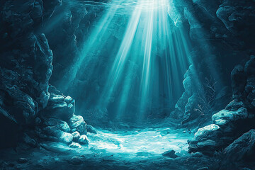 Wall Mural - Beneath waves, an underwater canyon glimmers with light and tranquility