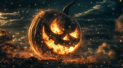 Wall Mural - Flaming Jack-o'-Lantern in a Night Sky with Stars and Smoke