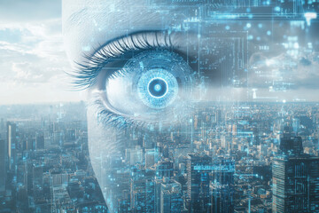 Poster - Digital eye is scanning and observing the cityscape with augmented reality graphics