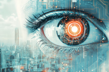 Poster - Human eye with futuristic digital technology is scanning modern city skyline in innovation concept