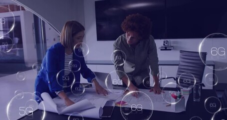 Poster - Animation of 6g text over diverse colleagues discussing work in office
