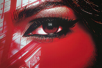 Close-up of a stylized eye with bold red and black tones in a futuristic design