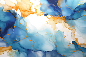 Alcohol ink in vibrant blue and gold creates a mesmerizing, fluid abstract